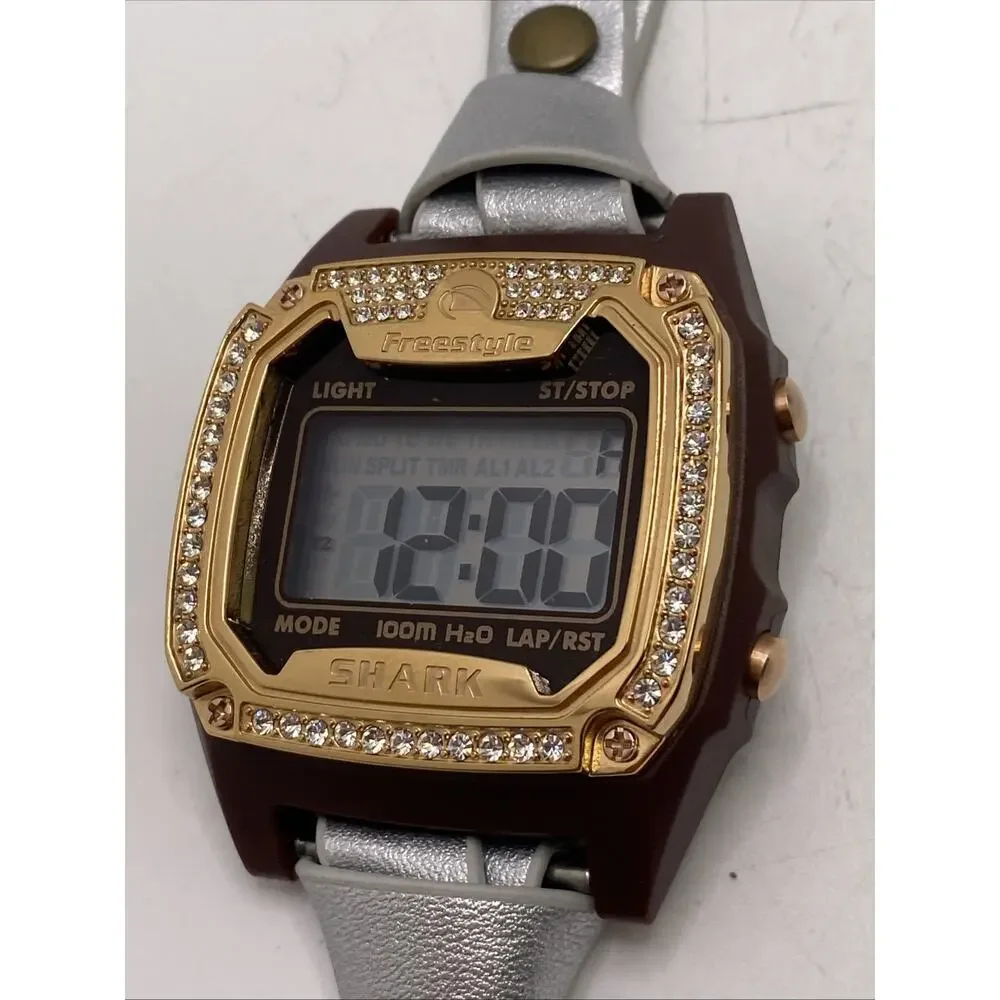 Freestyle Shark Rosegold Rhinestone SilverLeather Band Surfing Watch New Battery